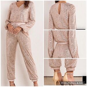 Aaron & Amber Sequin Jogger Jumpsuit champagne/Beige size M